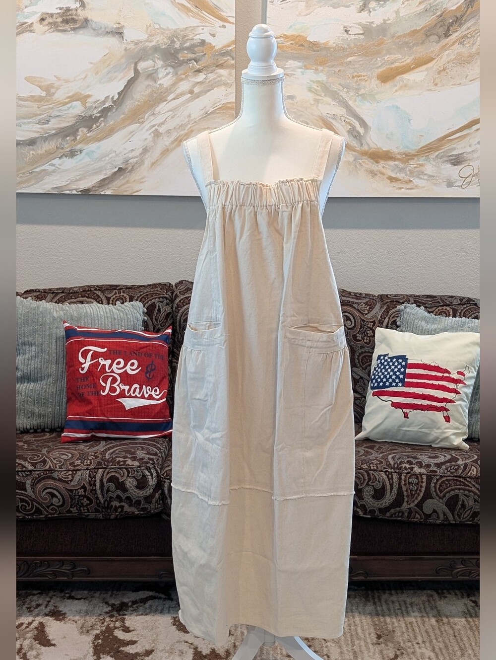 Oatmeal Overall Dress with Front Pockets